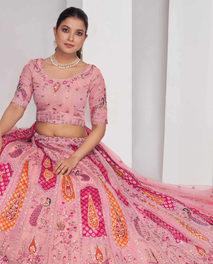 484pink - Elegant Rose Pink Silk Lehenga Choli with Peacock & Paisley Motifs